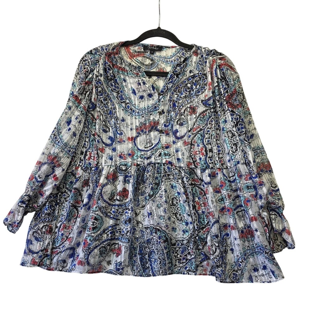 RD + Koko Paisley Metallic Stripe Babydoll Blouse Blue Red Womens Small